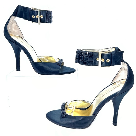 BCBGMaxAzria Black Satin and Gold Heels w/Studded Ankle and Toe Straps-Size 7 - Picture 1 of 15